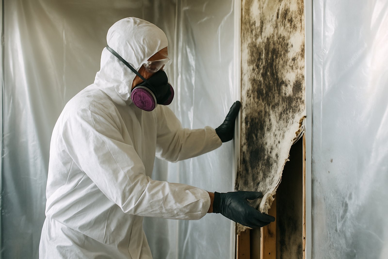Mold removal technician inspecting a wall with a moisture meter in a Los Angeles home